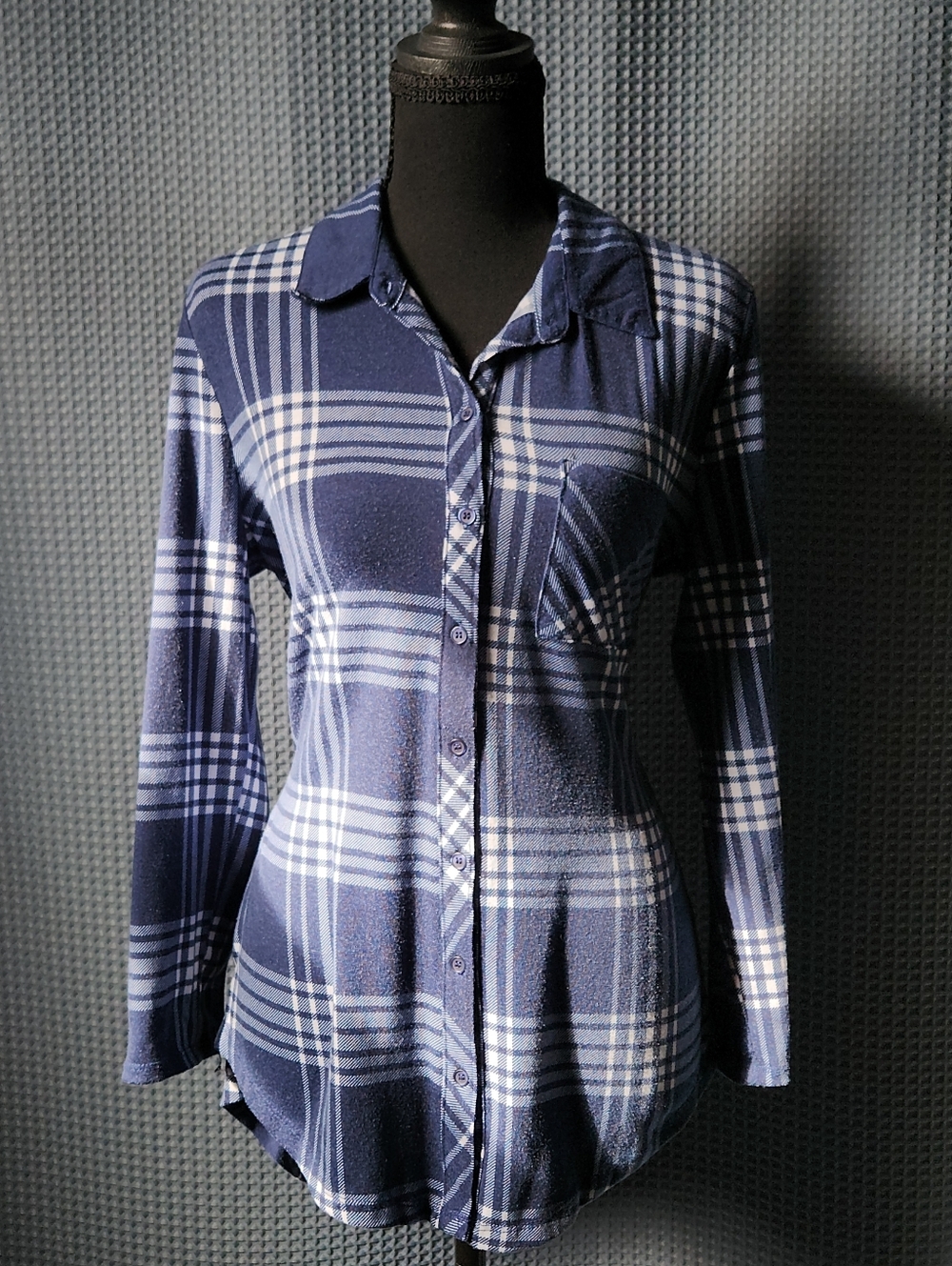 Navy Blue Plaid Button-Up Flannel Shirt